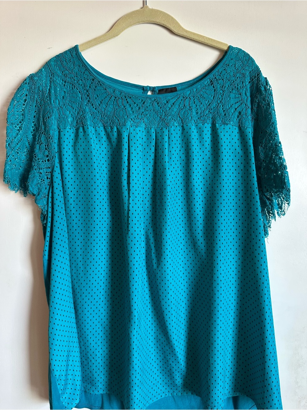 Worthington Teal Lace Yoke Short Sleeve Blouse